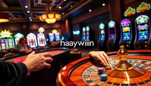 Exciting casino atmosphere at Haywin with vibrant tables and colorful slot machines.