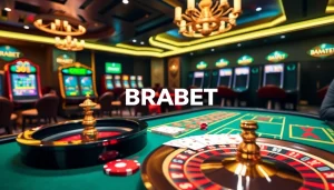Experience thrilling gameplay at BRABET, showcasing an elegant casino table with poker chips and cards.