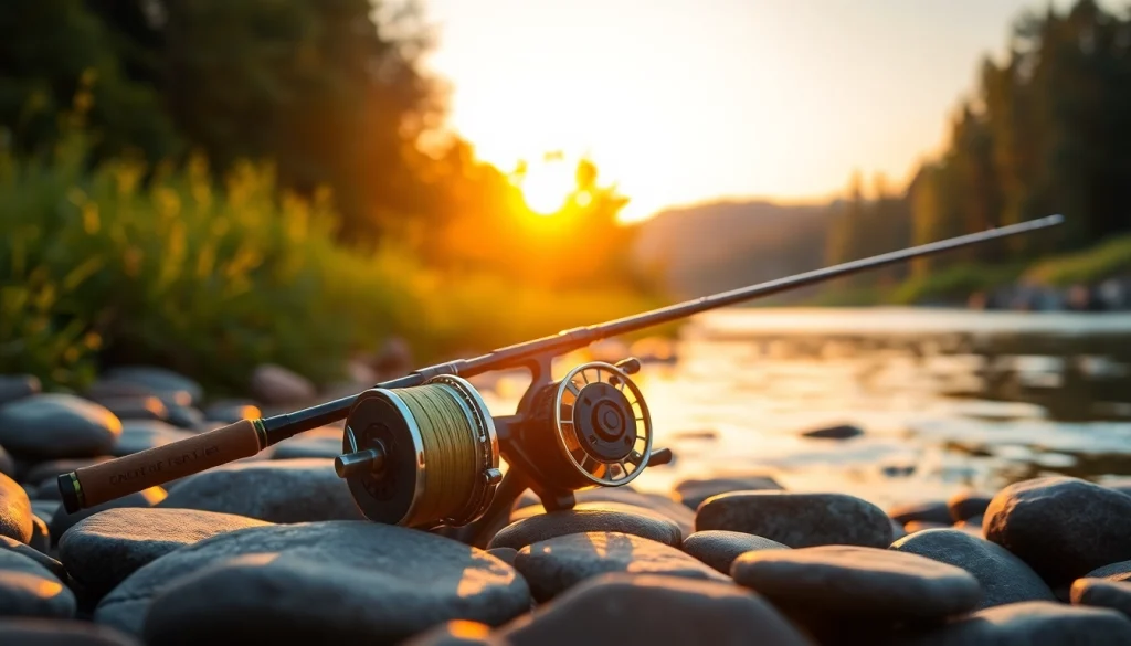 Showcasing a Fly fishing combo on a serene riverbank with a sunset backdrop.