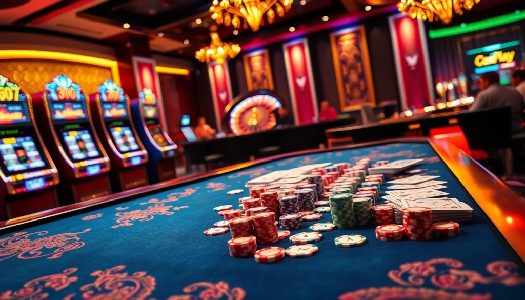 Experience the thrill of oxplay with vibrant casino tables, poker chips, and slot machines.