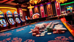 Experience the thrill of oxplay with vibrant casino tables, poker chips, and slot machines.