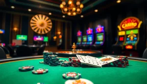 KJC poker players engaging at a high-stakes table with vibrant chips and professional cards.