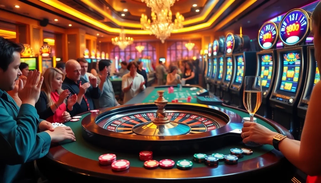 Para pemain terlibat dalam permainan slot Depo 5k yang mendebarkan di kasino yang meriah dengan lampu terang dan suasana kemenangan.