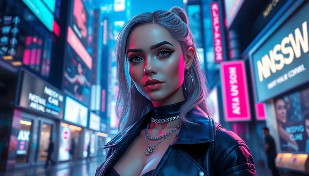 AI NSFW virtual character in a vibrant futuristic city scene, showcasing innovative designs and charm.