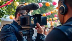 Capture of a vediography professional filming a vibrant outdoor event.