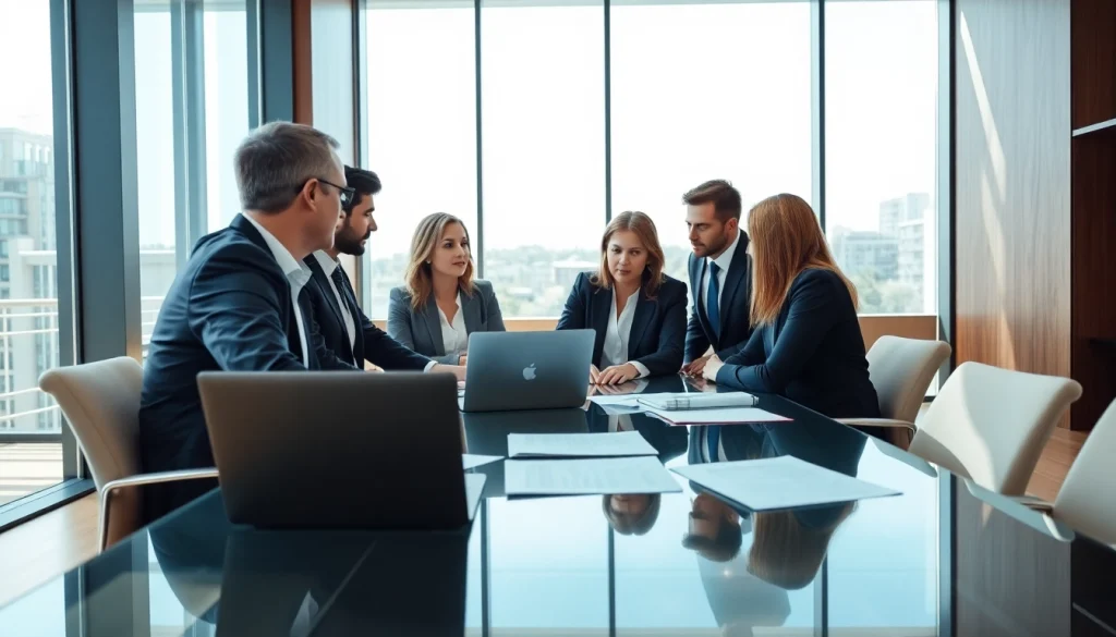 Attorneys in a professional setting strategizing collections litigation management with documents.