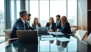 Attorneys in a professional setting strategizing collections litigation management with documents.