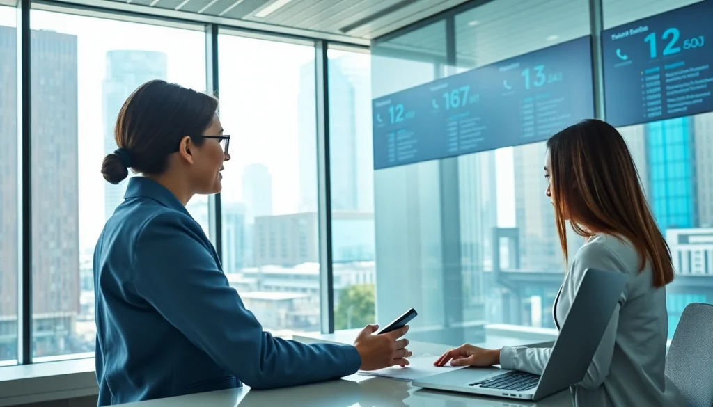 AI Receptionist actively engaging with a caller in a bright, modern office environment.