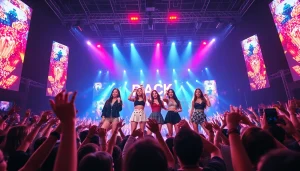 BLACKPINK news showcased through an energetic K-pop concert scene featuring the group's members on stage.