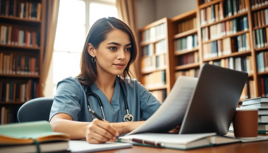 Help with nursing capstone project showing a student in a library focused on research.