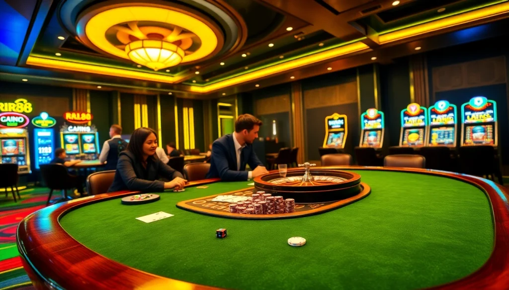 RR88 players enjoying an immersive poker game at a luxurious casino table surrounded by vibrant slot machines.