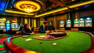 RR88 players enjoying an immersive poker game at a luxurious casino table surrounded by vibrant slot machines.