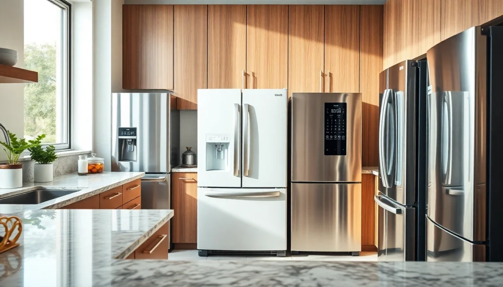 Showcasing refrigerator sales with modern kitchen refrigerators in an elegant setting.