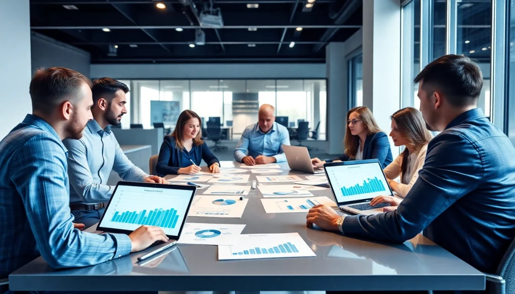 Team discussing b2b competitive intelligence strategies in a modern office setting.