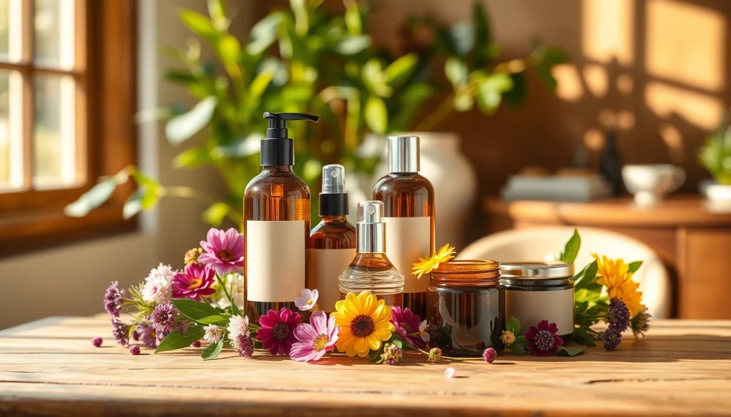 Prikaz prirodna kozmetika na drvenom stolu sa prirodnim sastojcima.