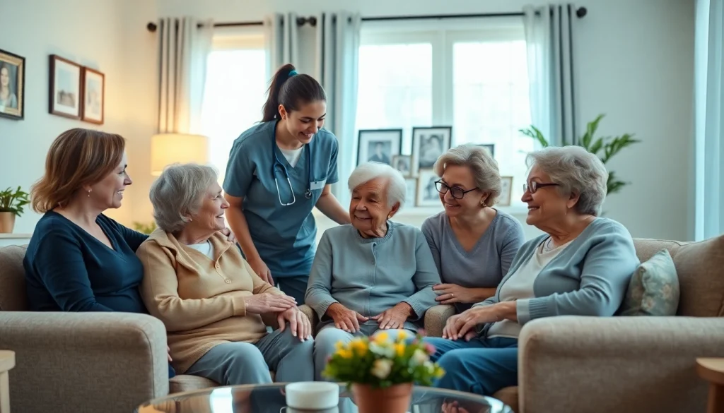 Caregivers providing at home senior care to elder clients in a warm living room setting.