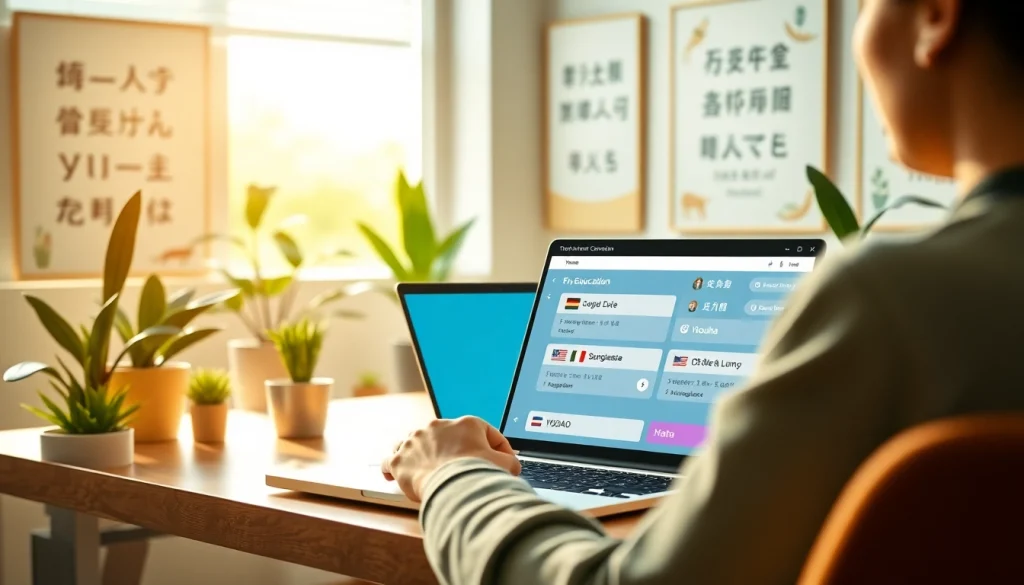 User using 有道翻译 app on a laptop in a modern workspace, highlighting innovative language learning tools.