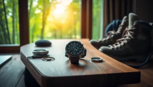 Showcasing the Explorer Plus GPS Smart Watch alongside outdoor gear to highlight its adventure features.