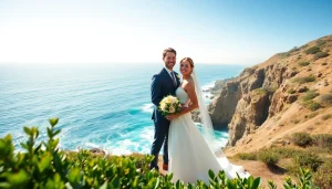 A Big Sur wedding photographer captures a couple on a cliff against an ocean backdrop, showcasing romance.