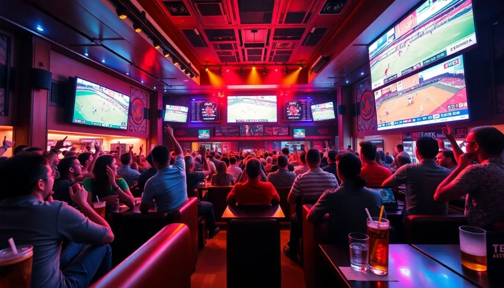 Exciting sports betting lounge scene showcasing fans enjoying 토토스토리 with live games and interactive screens.