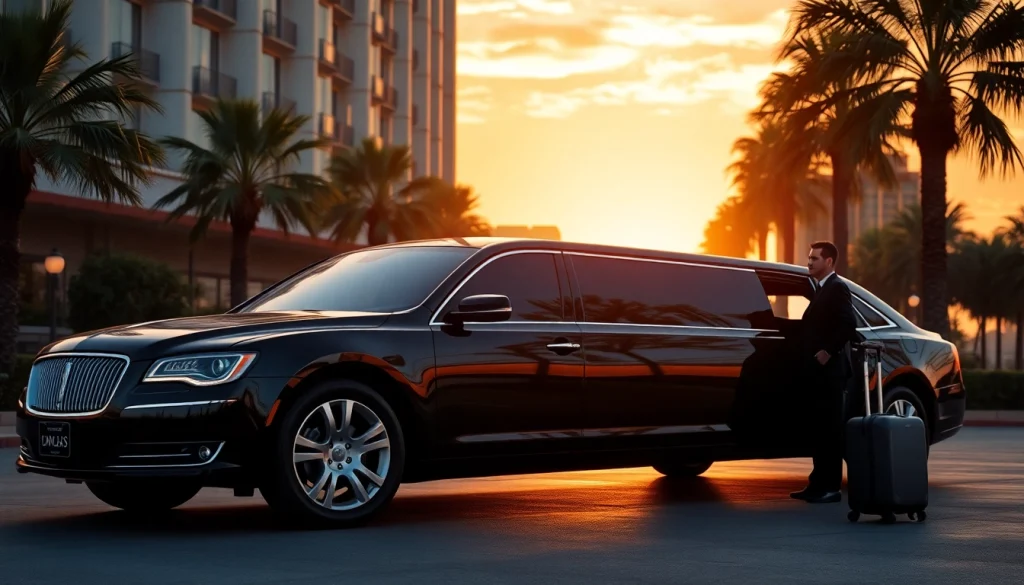 Los Angeles Limo showcasing premium service in front of a luxury hotel at sunset.