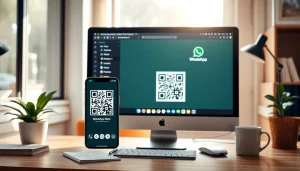 Experience WhatsApp Web on a sleek desktop interface, with a phone scanning the QR code for easy messaging.