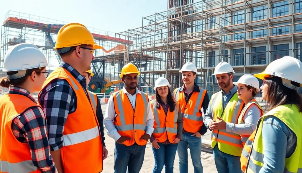 Engage in construction safety training with diverse participants in a professional outdoor setting.