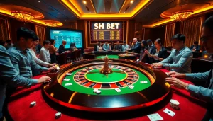Exciting casino scene with SHBET roulette table, vibrant colors, and players celebrating wins.
