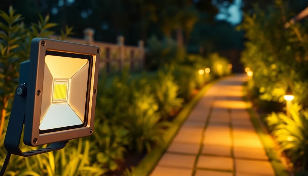 LED straler verlicht een tuinpad met sfeervol warm licht in de schemering.