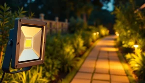 LED straler verlicht een tuinpad met sfeervol warm licht in de schemering.