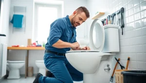 Efficient toilet repair in progress by a professional plumber with tools visible.