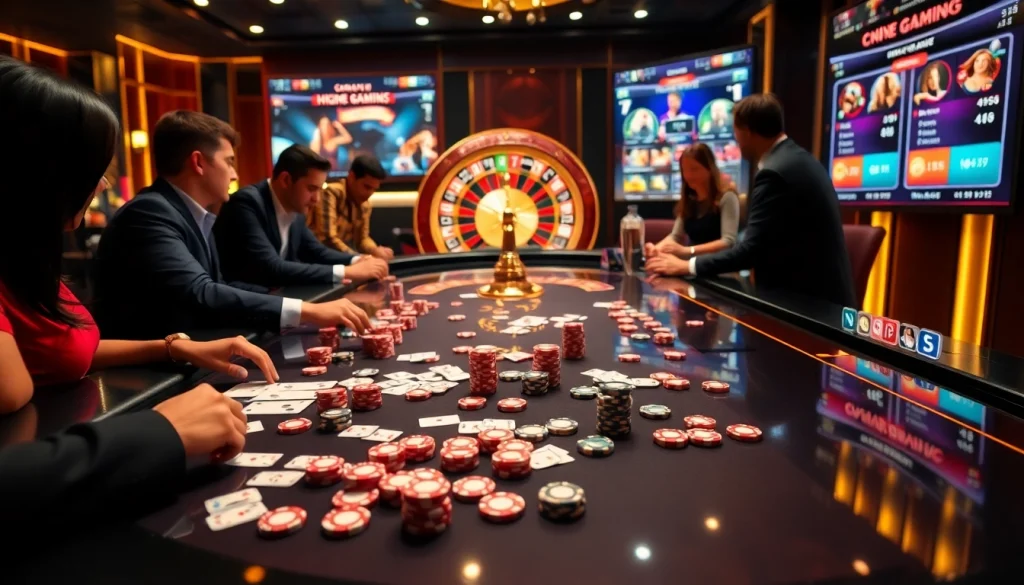 Action de jeu passionnante au meilleur casino en ligne avec des joueurs autour d'une table de luxe.