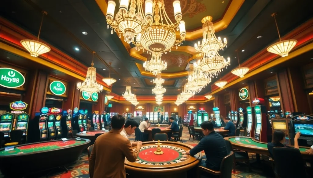 Join the action at Hay88 casino with players enjoying poker, slots, and roulette.