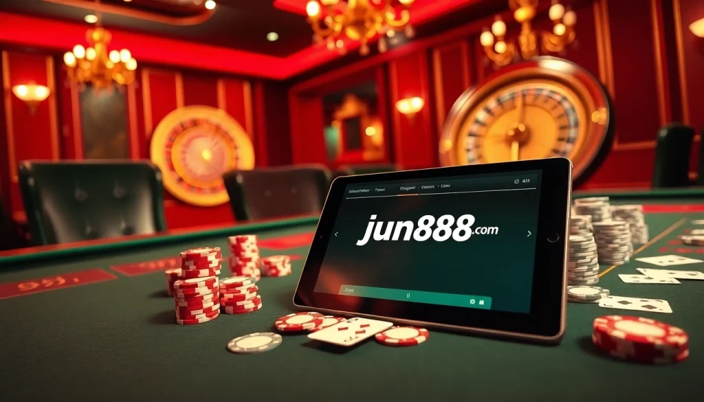 Exciting gambling scene showcasing players at jun88.com casino table with poker chips and cards.