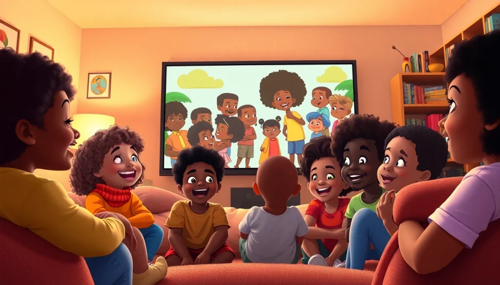 Diverse children enjoying African American cartoons in a cozy living room.