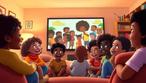 Diverse children enjoying African American cartoons in a cozy living room.