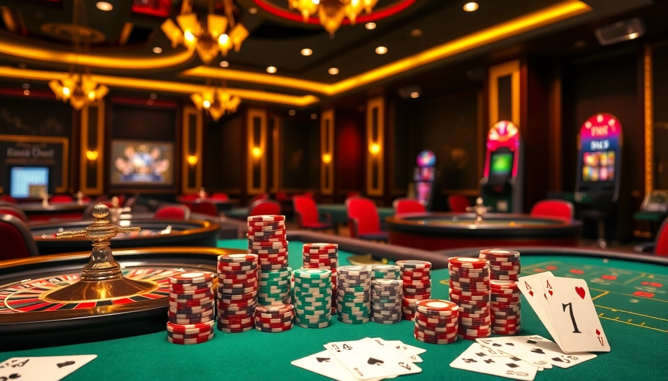 Scène de jeu excitante au meilleur casino en ligne avec tables, jetons et décor luxueux.