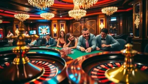 Joueurs enthousiastes au meilleur casino en ligne, mettant en avant des tables de casino luxueuses et une atmosphère vibrante.