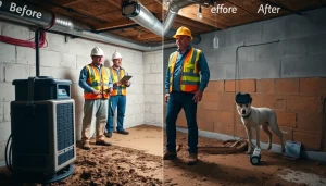 Crawl Space Restoration by professional technicians assessing a damaged area in a home's basement.