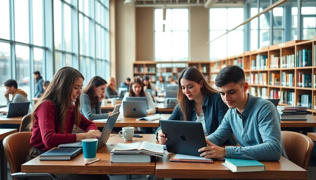 Students utilizing exam assistance services in a collaborative study space surrounded by books.