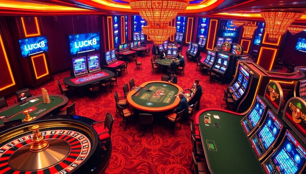 LUCK8 logo amidst lively casino tables and slot machines, showcasing a vibrant gambling experience.
