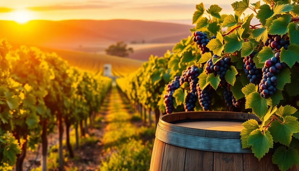 Experience the beauty of the best wineries in California with lush vineyards and a sunset backdrop.
