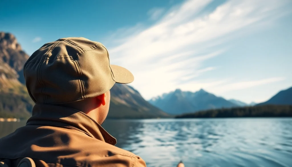 Angler wearing a fly fishing hat while casting a line into a tranquil lake.