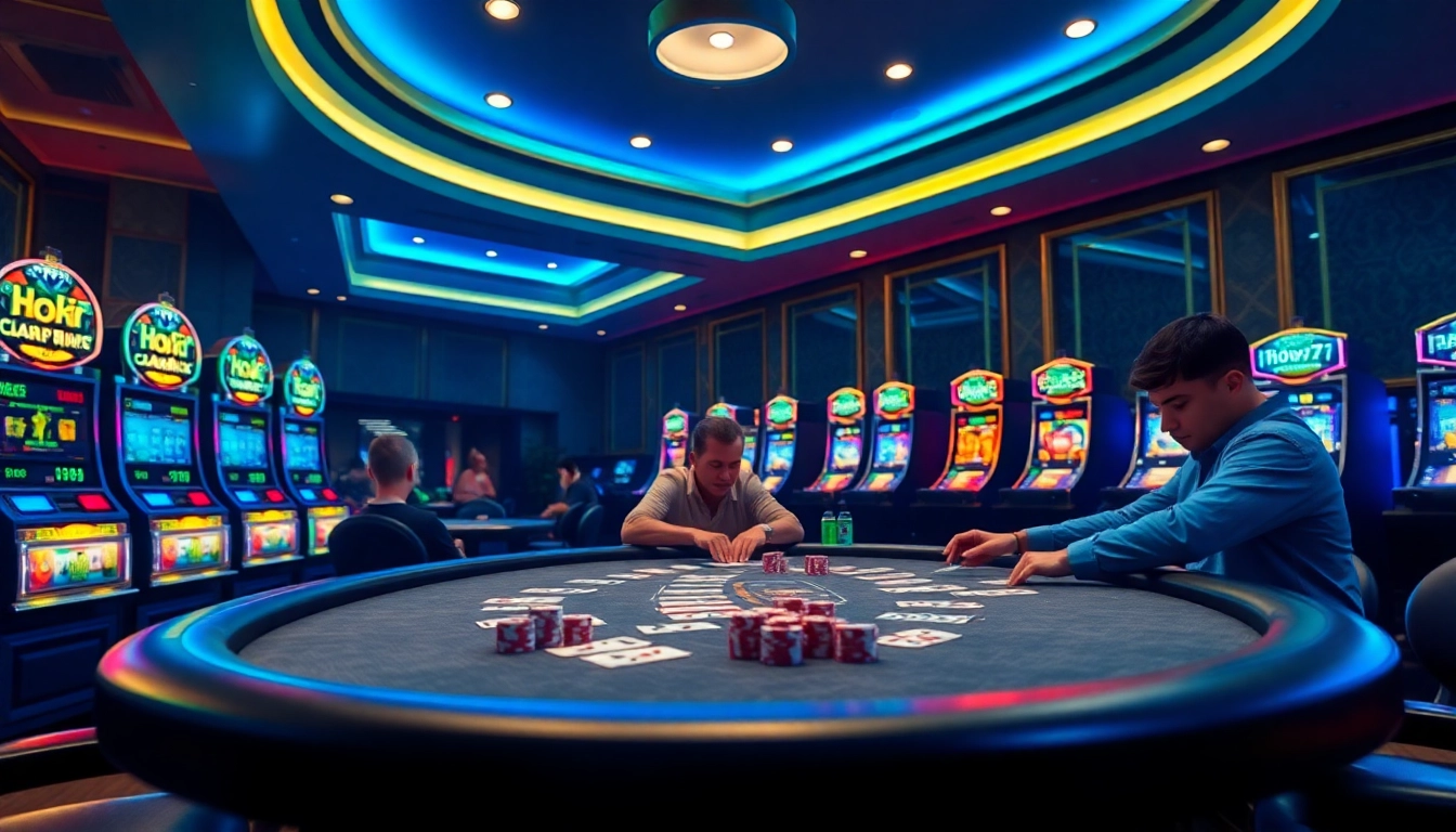 Experience thrilling poker action at hoki77's luxury gambling table filled with vibrant chips and cards.