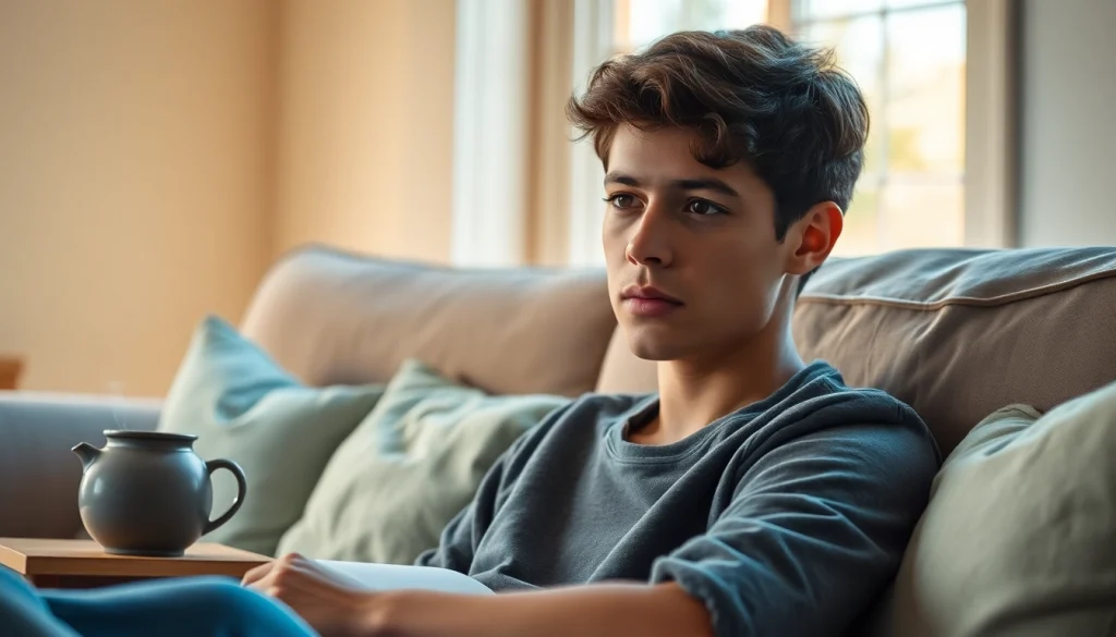 Individual experiencing anxiety symptoms while sitting calmly on a couch, surrounded by a serene environment.