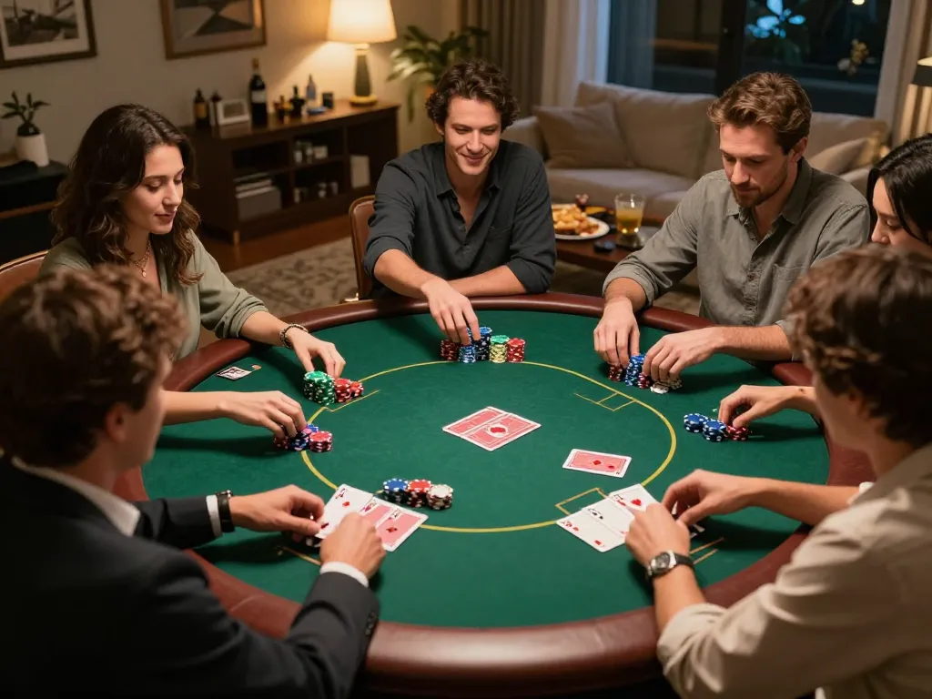 Playing an engaging nsfw game with friends at a home poker night, colorful chips and casual atmosphere