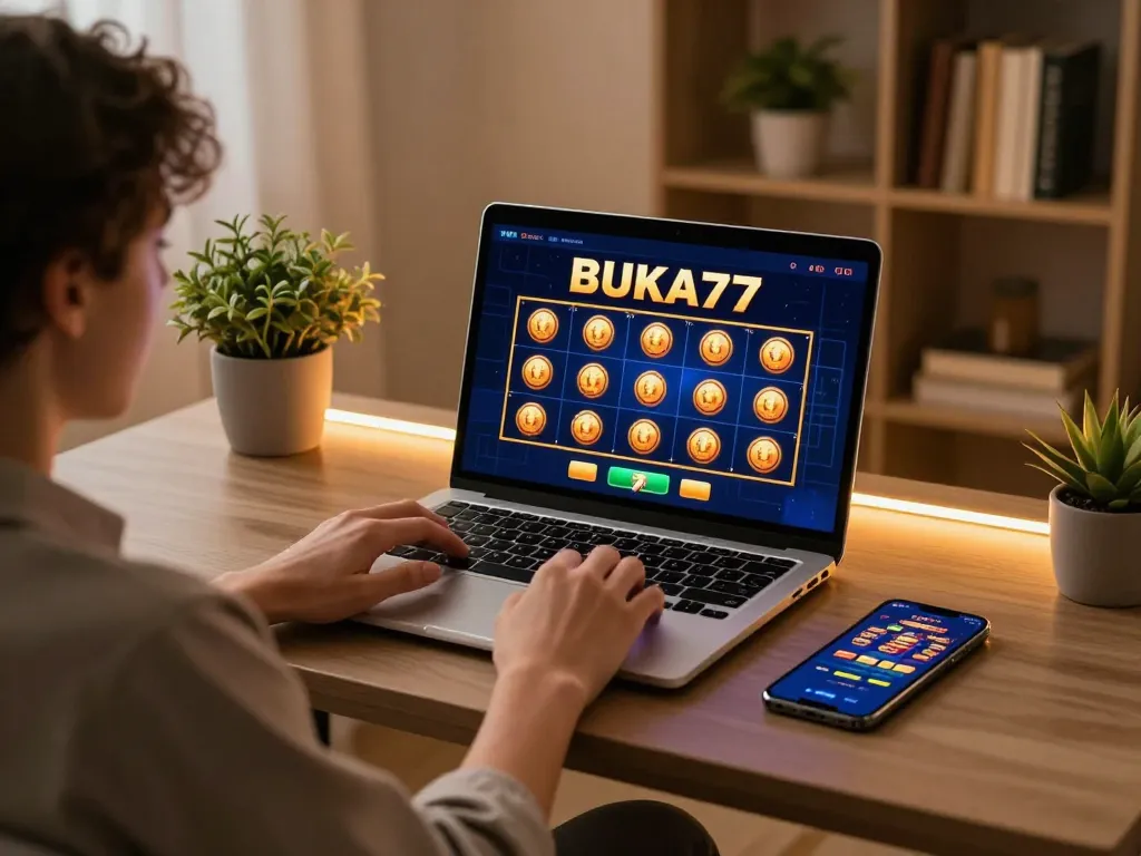 Engaging with BUKA77 slots online in a stylish home office for a cozy gaming experience