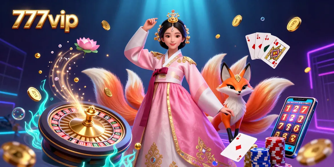 Experience the excitement of 777vip with a vibrant casino scene featuring a graceful Asian woman, lucky fox, and dynamic game elements.