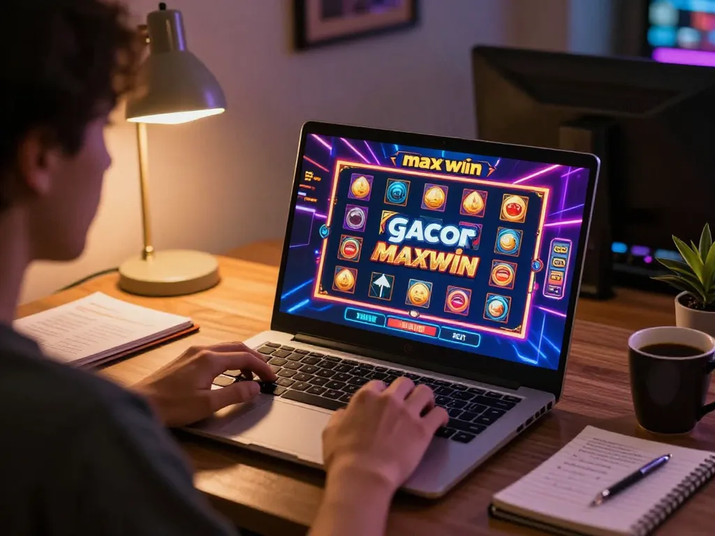 Enjoying slot gacor maxwin on a laptop, capturing the thrill of online gaming and strategic play.