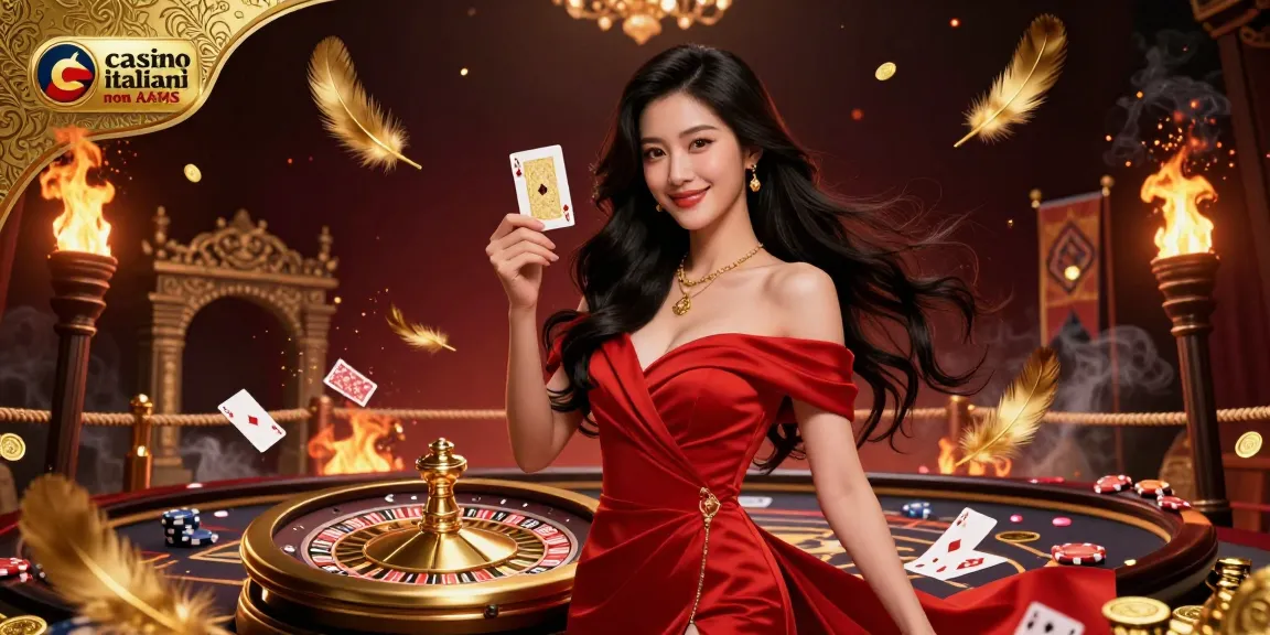 Immagine accattivante che mostra casino italiani non AAMS con una bellissima donna asiatica e elementi di roulette dorata.